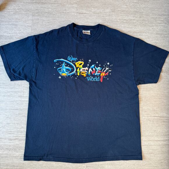 Y2K Walt Disney World Shirt Stitch Goofy Mickey Script Adult XXL Blue Short Slve - Picture 1 of 6